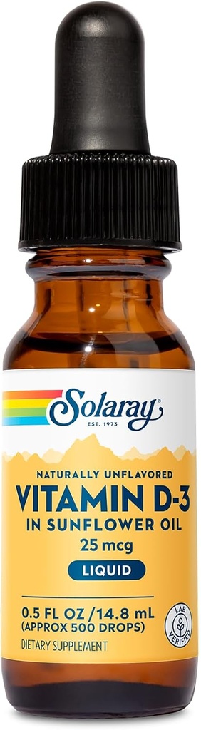 SOLAרי ויטמין D3 טיפות 25 mcg (1000 IU) - ויטמין Asorption D טיפות שמן Sunflower עבור VIT D3 תמיכה - באופן טבעי Unflaved, Dropper Included - Approx. 500 משרתים, 0.5oz