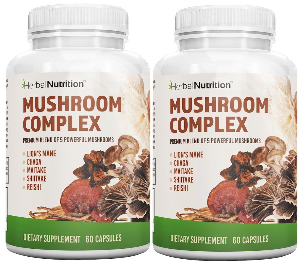 Herbal Nutrition Mushroom מורכב 700 מ"ג עד 1400 מ"ג. חמשת המטאטאים החזקים ביותר - Lions Mane, Reishi, Chaga, Maitake, Shiitake - תמיכה בבריאות החיסון, Nootropic Brain Health for Memory & Focus