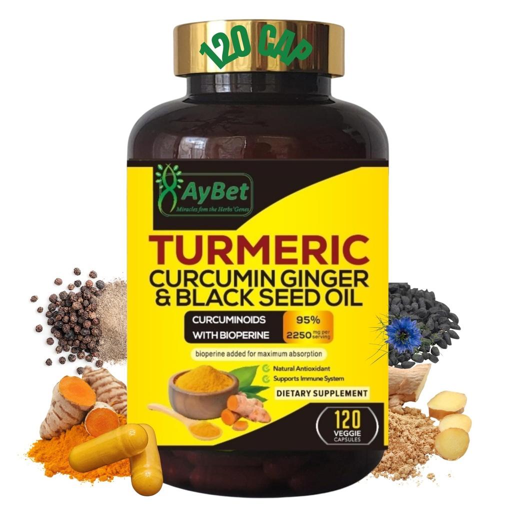 World 1st.Turmeric Curcumin ג'ינג'ר ו- Black Seed Oil, 120 Caps, 2250 מ"ג, 95% Curcuminoids, BioPerin הוסיף, תוספת כוח, אורגני, Hal,Vegan, Support Immune System, Joint Support (120)