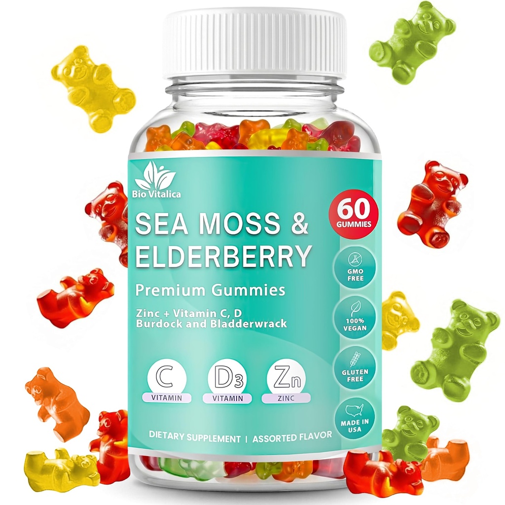 BIO VITALICA Sea Moss Gummies Elderberry BioVitalica - ויטמין C + Zinc - Irish Seamoss טבעוני עם Sea Mosss Gel & אבקת עבור Immunity, Detox - עבור מבוגרים וילדים