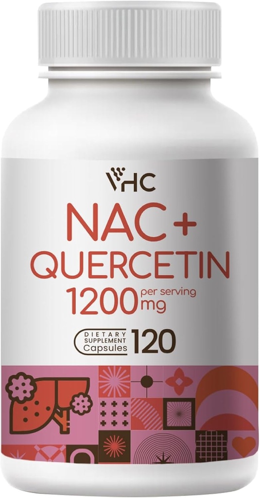 תוסף VHC NAC,Acetyl L-Carnitine1200 מ"ג פלוס Quercetin, Optimum Dose (1200 מ"ג + 100 מ"ג), 2 מתוך 1 פעולה כפולה פורמולה N-Acetyl-L-Cysteine עם Quercetin, for Respiratory, Liver, Immune, Made in USA