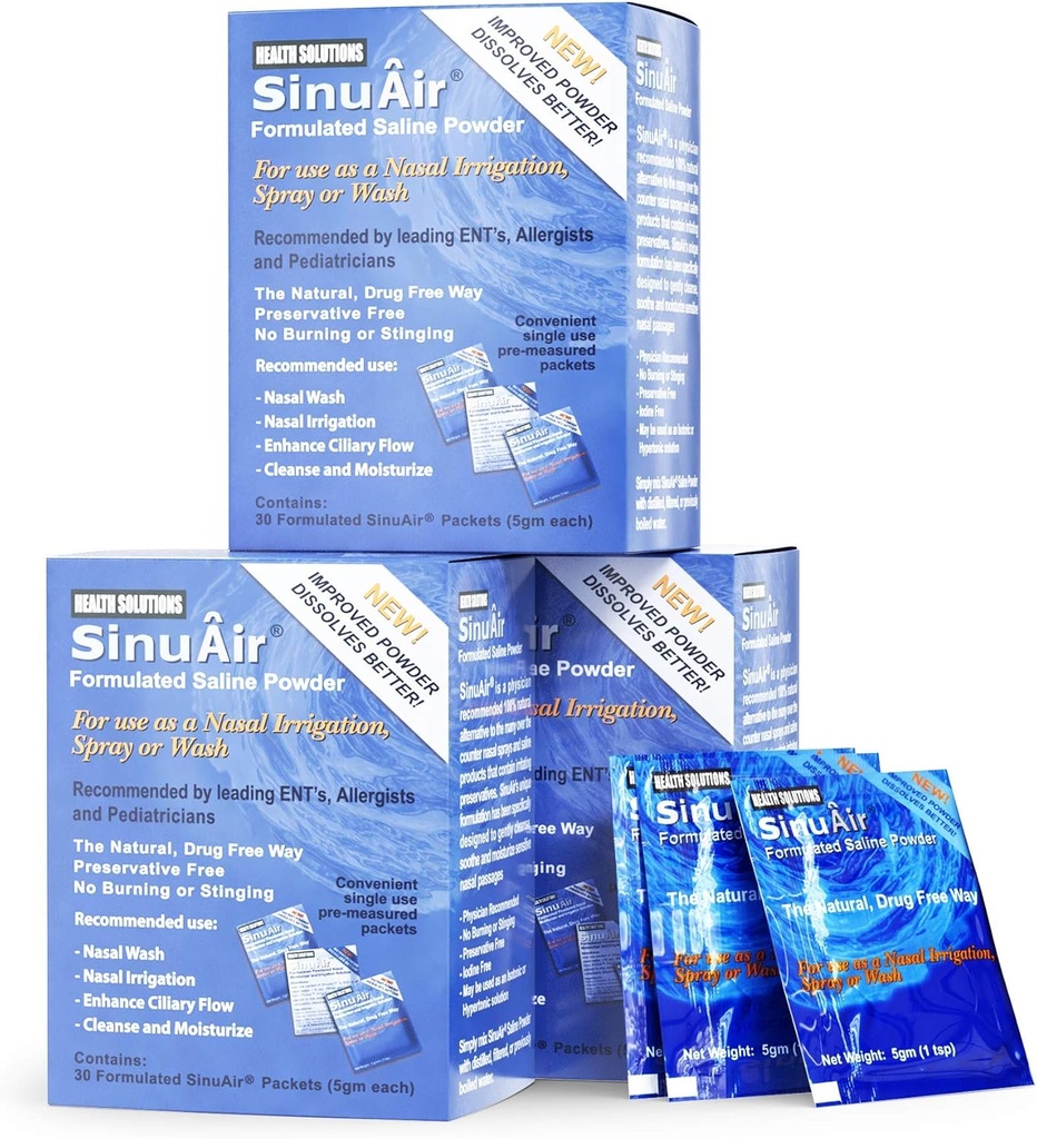 SinuAir Saline Packets for Sinus Rinse - אבקת פתרון מלח עבור מערכת עילית SinuPulse, Neti Pot, Nose Washבק & Nasal Irrigation, 90 Packets