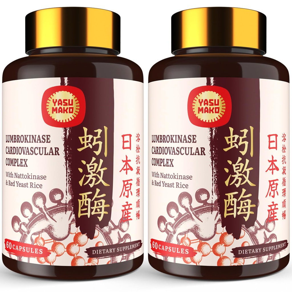 Lumbrokinase 100 מ"ג (Max Activity 1 000 LKU), Nattokinase 100 מ"ג-2,000 FU של פעילות ו- Red Yeast 300 מ"ג, Lumbrokinase Enmes for Supplement for Circulatory, Cognition, 120 קפסולות (Pack of 2)