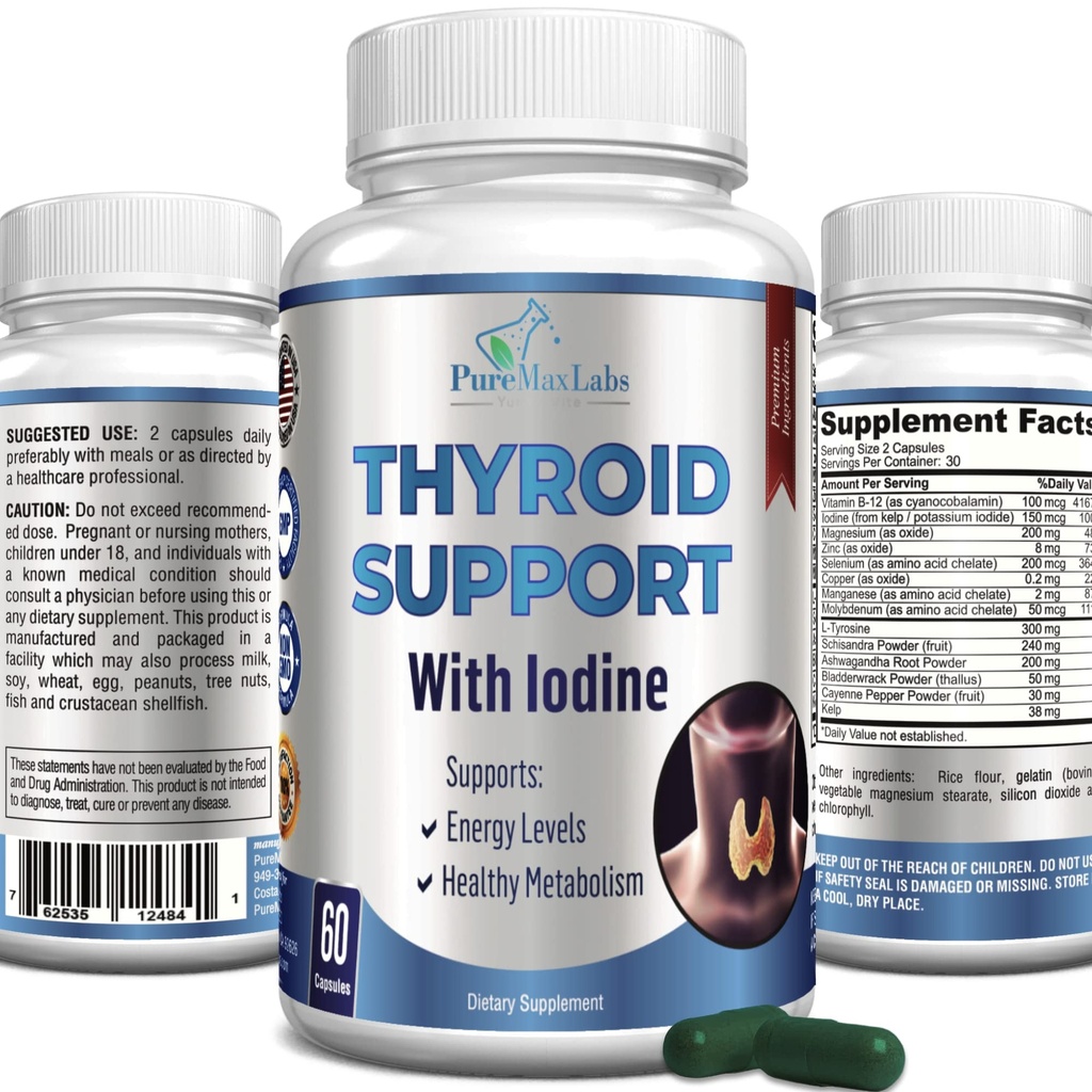 תמיכה Thyroid עם Iodine - Metabolism Booster, Energy Booster, Focus - Premium Non-GMO Thyroid תוסף 60 קפסולות