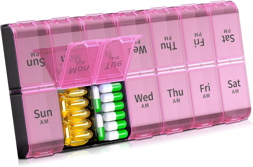 Daviky XL גדול כדור שבועי מארגנת 2 פעמים ביום, תוספת Big 7 Day Pill Box AM PM, Daily Pill Case Medicine מארגנת עם 14 השוואתיות, יום Night Container עבור שמן דגים, ויטמין, תוספת תוספת תוספת תוסף