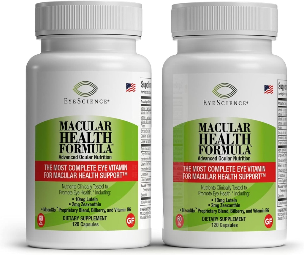 מדעי העין - Macular Health Formula - 120 קפסולות - תוספי תזונה מלאים לבריאות העין - מכיל Lutein, Zeaxanthin, ויטמין C, D, E & B6-2-Pack