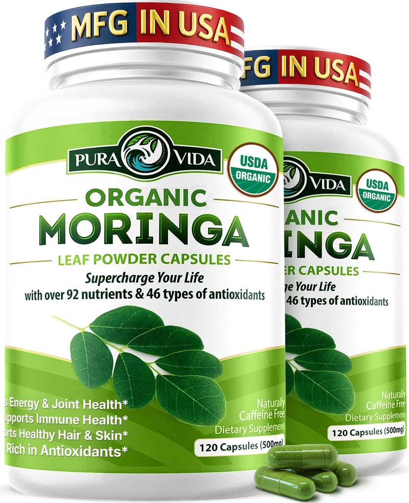 PURA VIDA MORAA קפסולות יחיד מקור אורגני אבקת Moringa. Moringa Leaf. Energy, Metabolism, & Immune Support. 120ct. 500mg Caps.
