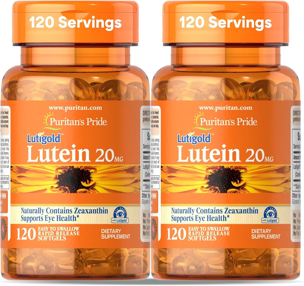 הגאווה של Puritan's Pride Premium Lutigold Lutein Carotenoid 20 מ"ג עם Zeaxanthin עבור גברים ונשים, תוספת תזונתית לתמיכה בריאות עיניים, 8 חודשים אספקה, 120 Easy-to-Swallow Softgels, 2 Packet.