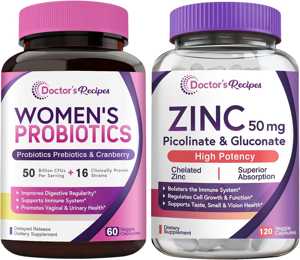 מתכון נשים Probiotic & Zinc Bundle, Digestive, Vaginal & Urinary Health, Natural Immune Defense, נדחה לשחרר Probiotics 60ct & Zinc קפסולות 120 ct