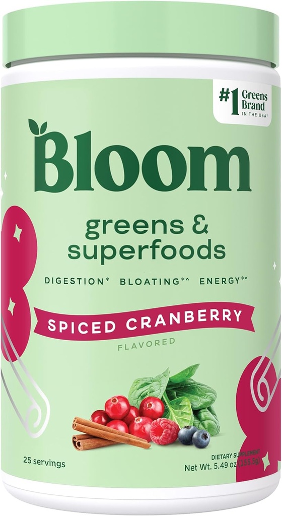 Bloom Nutrition Superfoods אבקת, Enzymes עם Probiotics ו Prebiotics, Gut Health, Bloating Relief for Women, Chlorella, Green Juice Mix with Beet Root, 25 SVG, Spiced Cranberry Cranberry