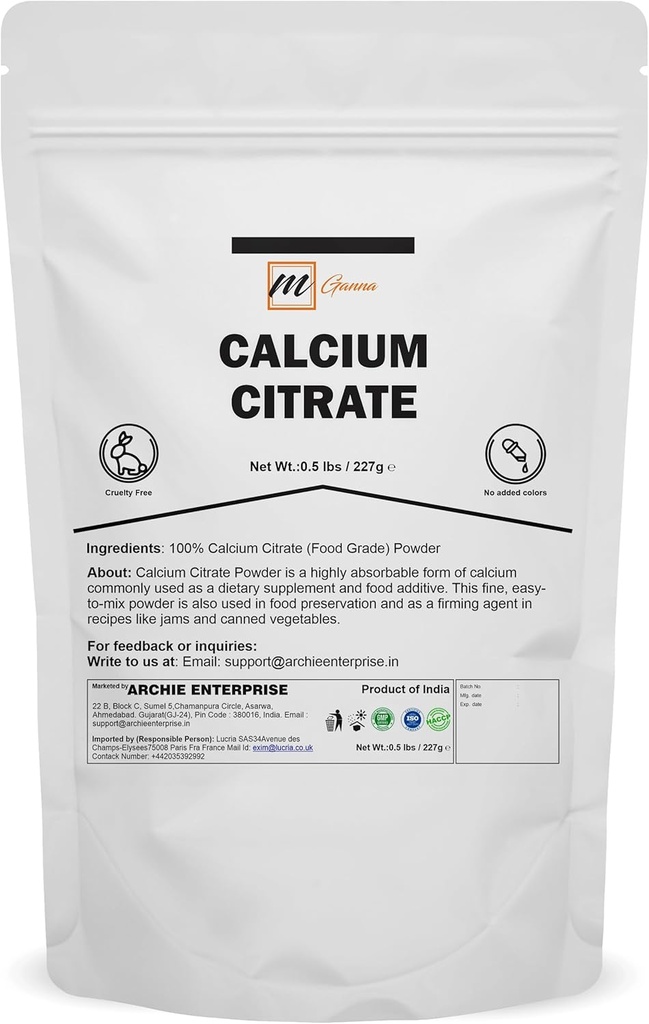 100% אבקת Calcium Citrate (Food Class) Versatile, Highly Absorbable Calcium Source 0.5 lbs / 227 g