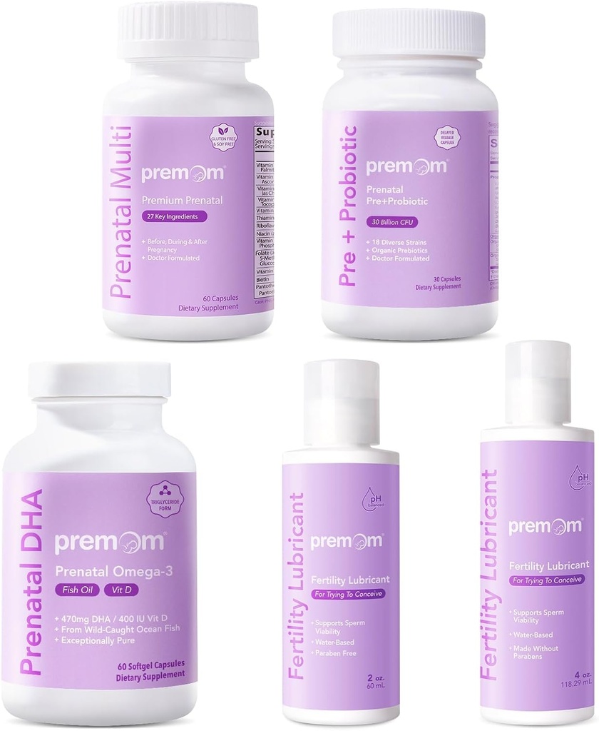 Premom Multivitamin for Women + Prenatal DHA שמן + Prenatal Pre & Probiotics + פוריות אישית Lubricant עבור קונספטון 2 & 4 Fl Oz