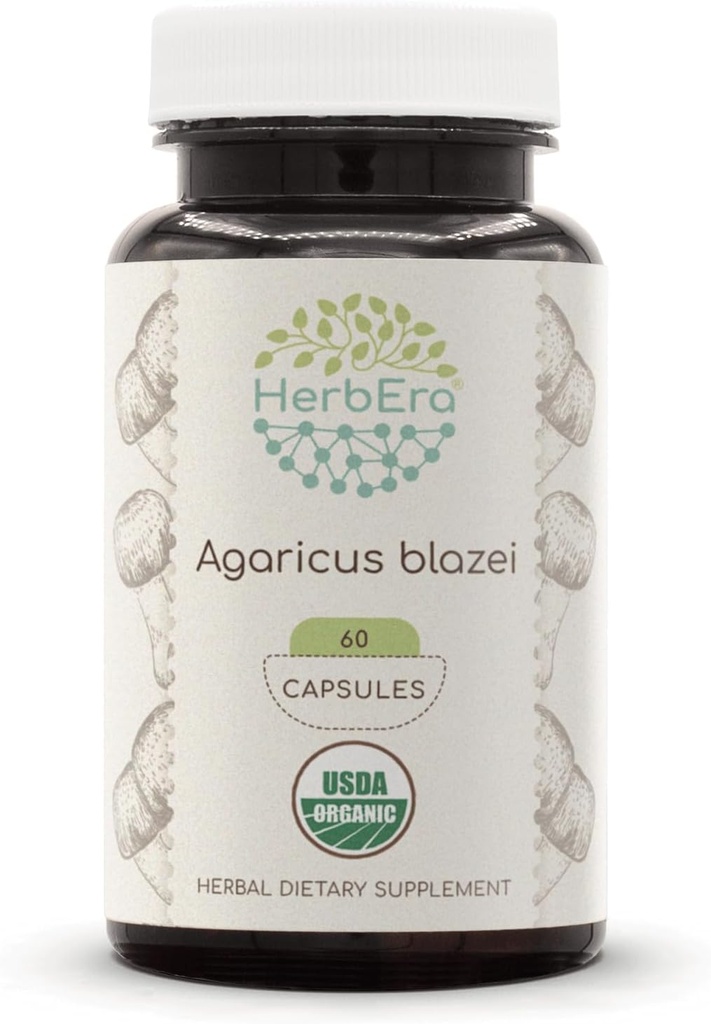 HerbEra Agaricus Blazei USDA אורגני 60 קפסולות | תוספי צמחי טבעי | קפסולות צמחוניות מוסמך וצמחוניות אורגני Agaricus Blazei (Agaricus blazei murill) Dried Mushroom (60 קפסולות)