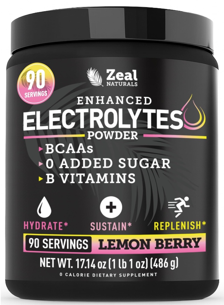 אבקת Zeal Electrolyte - 90 משרתים | אבקת Keto Electrolytes | Zero Sugar, BCAAs, B-Vitamins | Potassium, Zinc, Magnesium