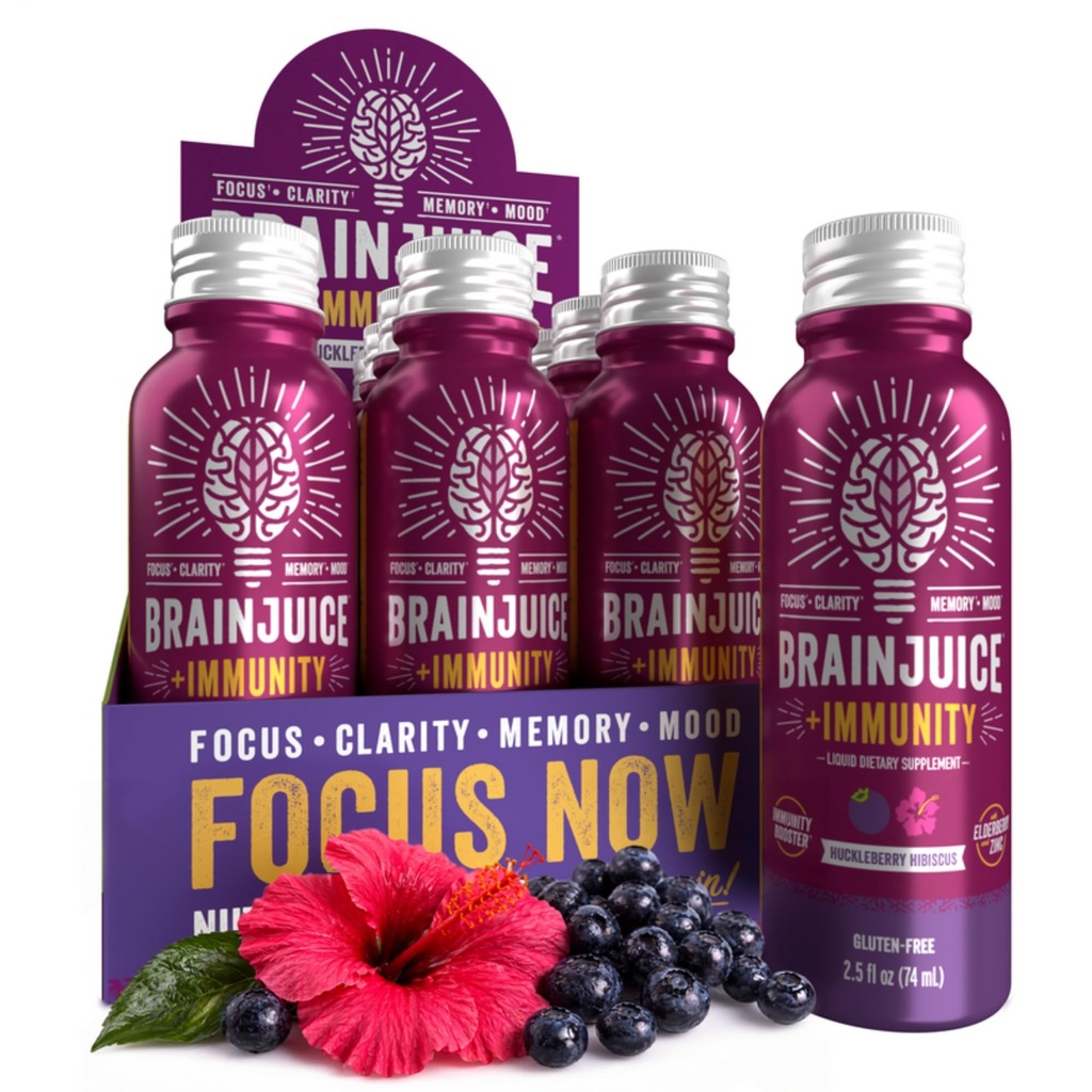 BrainJuice Brain and Immune Support Shot, Gluten Free Supplement Shots for Energy, Focus, Immunity with ויטמין D, C B, Alpha GPC & אורגני ג'ינג 'שורש, Huckleberry Hibiscus, 2.5 fl oz, 12 Pack Pack