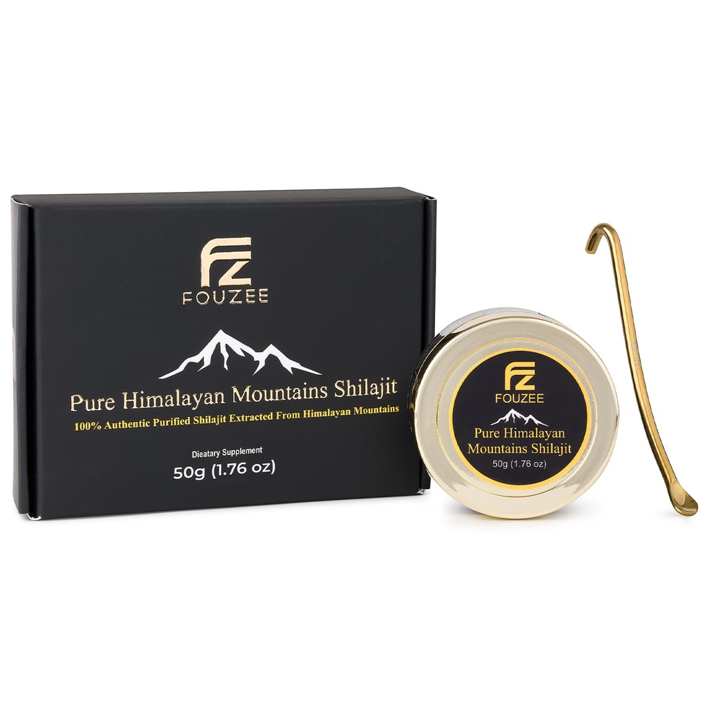 FOUZEE טהור הרי ההימלאיה Shilajit - 77% + Fulvic Acid Authentic Hard Consistency, מקור טבעי של Fulvic Acid, מעל 85 מינרלים Trace, כולל Stainless Steel Spoon (50 גרמות)