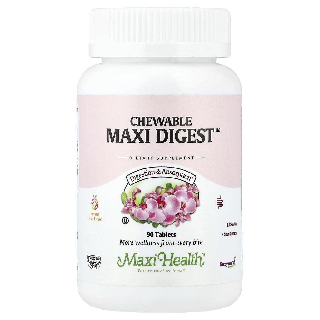 Maxi Health Chewable Digest - Natural Digestive Enzymes with Bromelain and Calcium- Quick-Acting - 90 Chewables - כשר - תומך בבריאות העיכול ונוחות משותפת לגברים ונשים