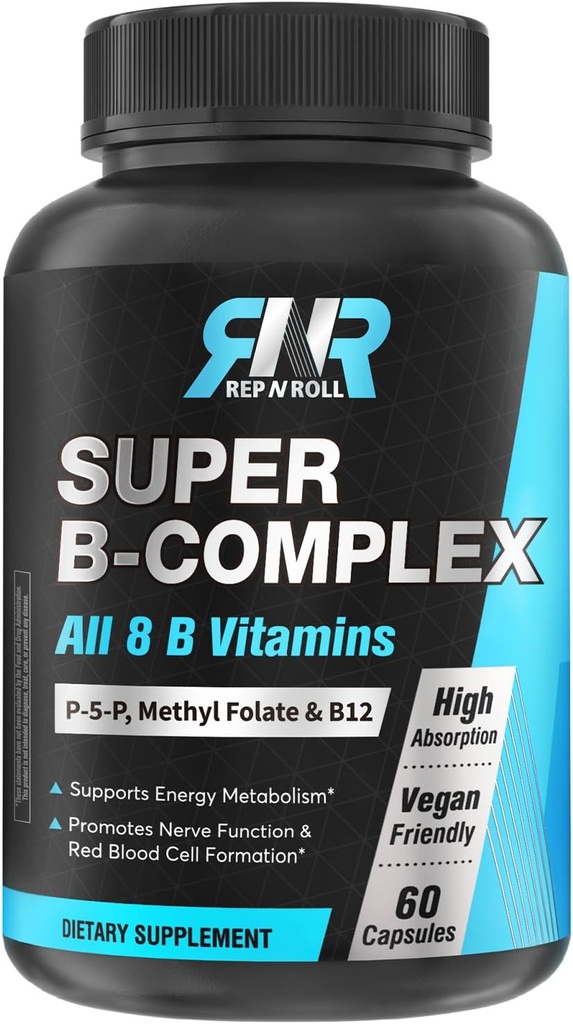 Super B Complex, 8 ביואקטיבי B ויטמינים, עם Methyl Folate, Methyl B12, P-5-P (Vitamin B6), D-Biotin, Niacinamide, High Absorption, non GMO, אנרגיה תמיכה ייצור, 60 טבעונים קפ