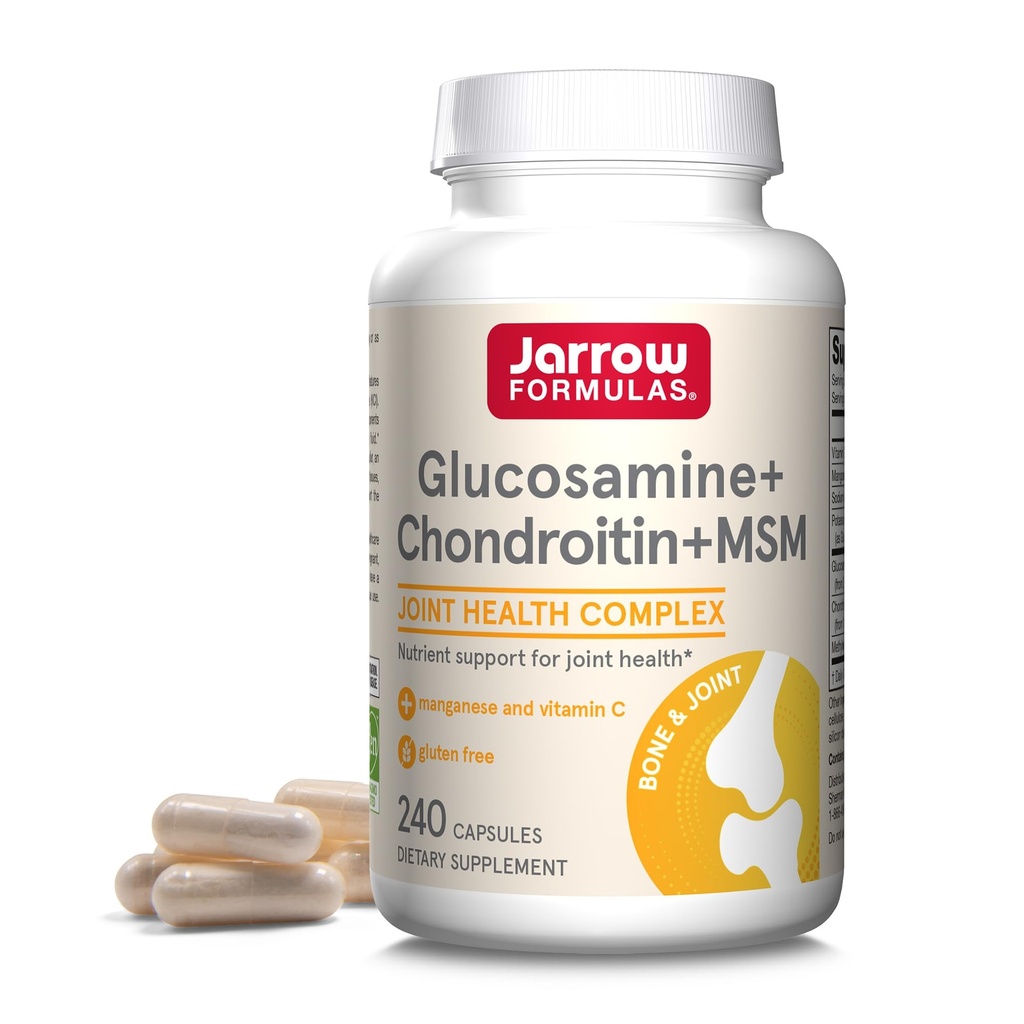 Jarrow Formulas® Glucosamine + Chondroitin + MSM קפסולות, תוספת תמיכה משותפת עם ויטמין C ו Manganese, 240 קפסולות, 60 יום אספקה
