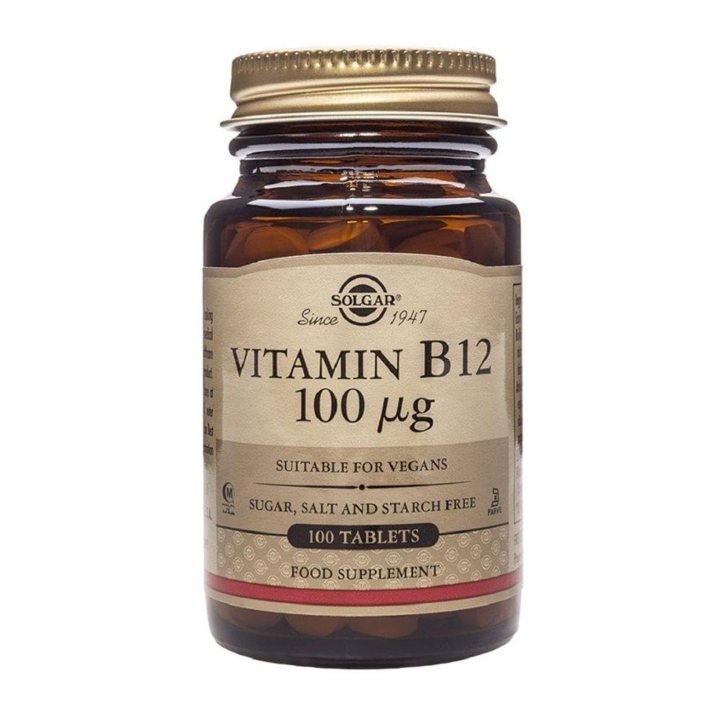 Solgar ויטמין B12 100 mcg - 100 טבליות - אנרגיה Metabolism & Nervous System Support - Non-GMO, טבעוני, Gluten & חלב חינם, כשר, Halal - 100 משרתים