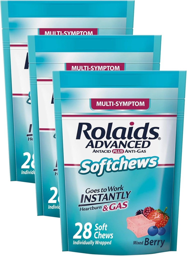 Rolaids Advanced Antacid Plus Anti-Gas Softchews, 28 Count, Mixed Berry, Heartburn and Gas Relief (Pack of 3)