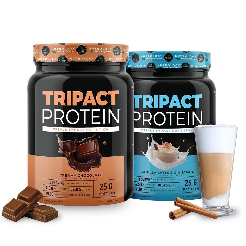 Nutrology TRIPACT Protein - Premium Nutrition Shake - Non-GMO Grass Fed Whey Protein,Plant Proteins,Greens,Superfoods & Probiotics - 5g BCAAs - Creamy Chocolate & VanillaLatte w/Cinnamon 1.5lb Each