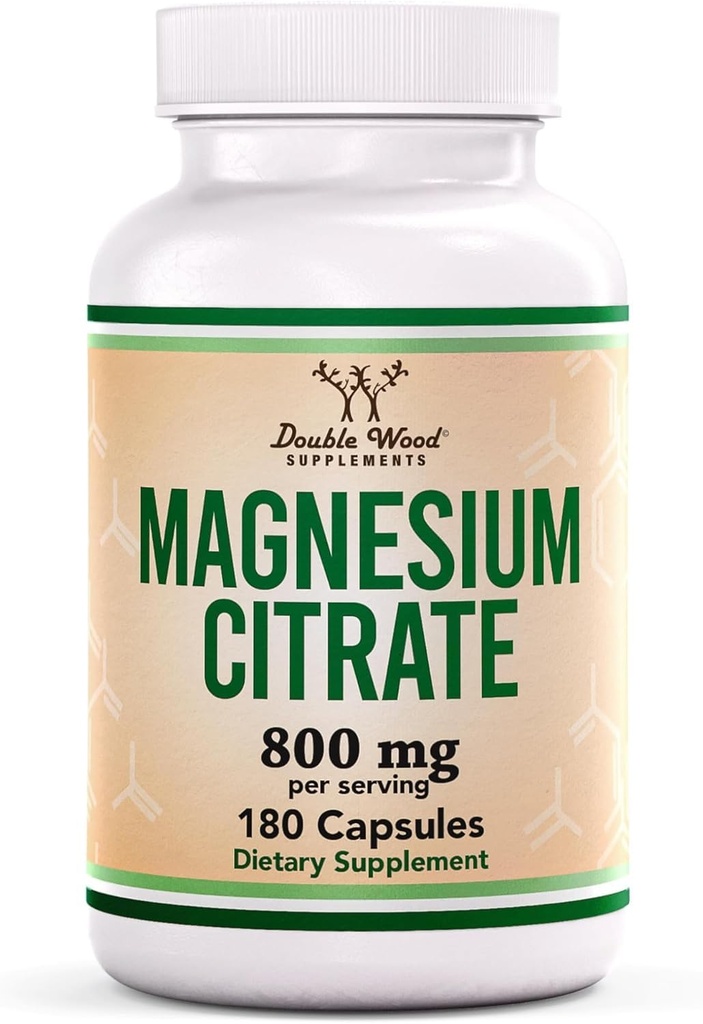 Magnesium Citrate 800 מ"ג, 180 קפסולות, Digestion & Constipation Support, Vegan Safe, Non-GMO, Double Wood Supplements
