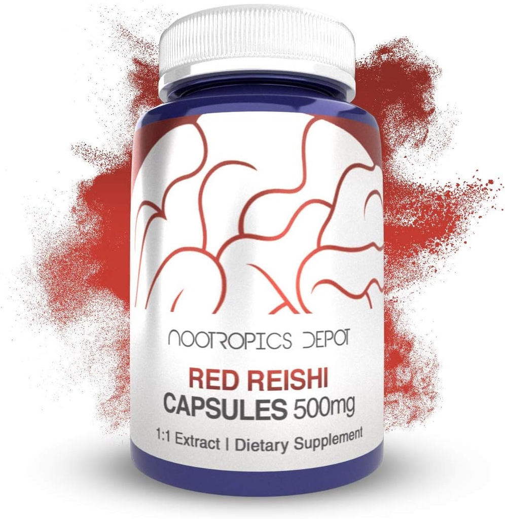Nootropics Depot Red Reishi Mushroom קפסולות | 500 מ"ג | 180 Count | Ganoderma lucidum
