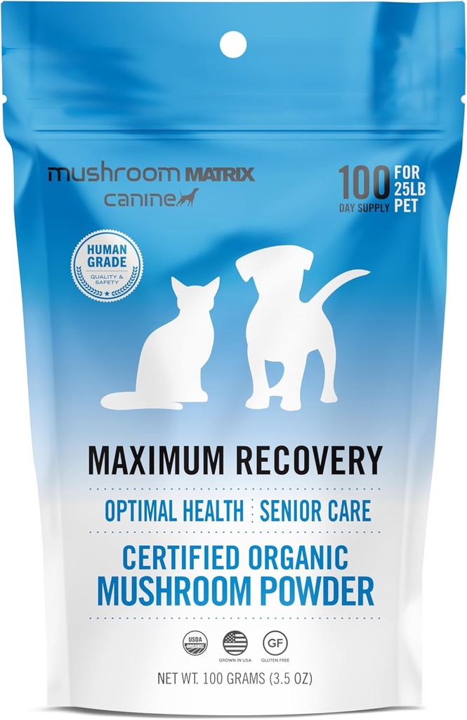 Om Mushroom Matrix Pet - Canine | התאוששות מקסימלית | USA Grown Human-Grade Organic Mushroom אבקת Pet Supplement | Optimal Health & Old Care for Dogs & Cats | 100 Grams