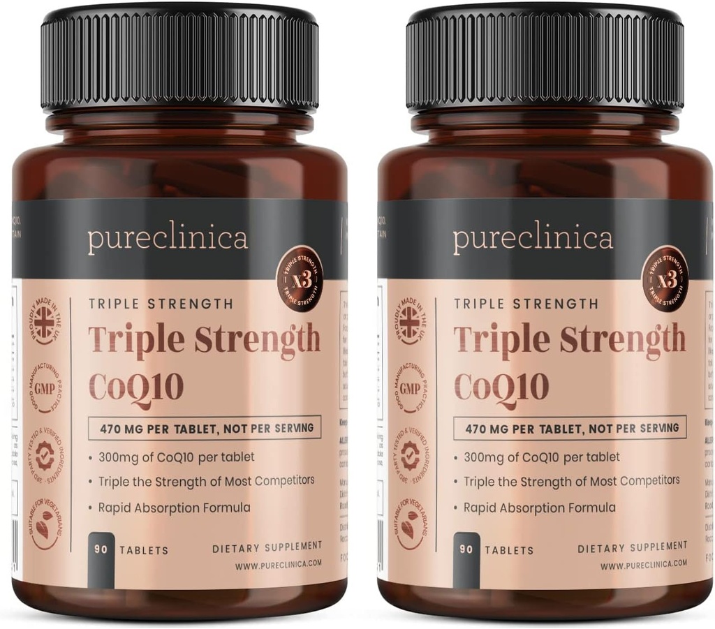 קליניקה טהורה פריצה CoQ10 300mg x 180 טבליות (2 בקבוקי 90 טבליות) - 6 חודשים אספקה. Non GMO, USP כיתה, עם תוספת ויטמין C & Black Pepper עבור Absorption.