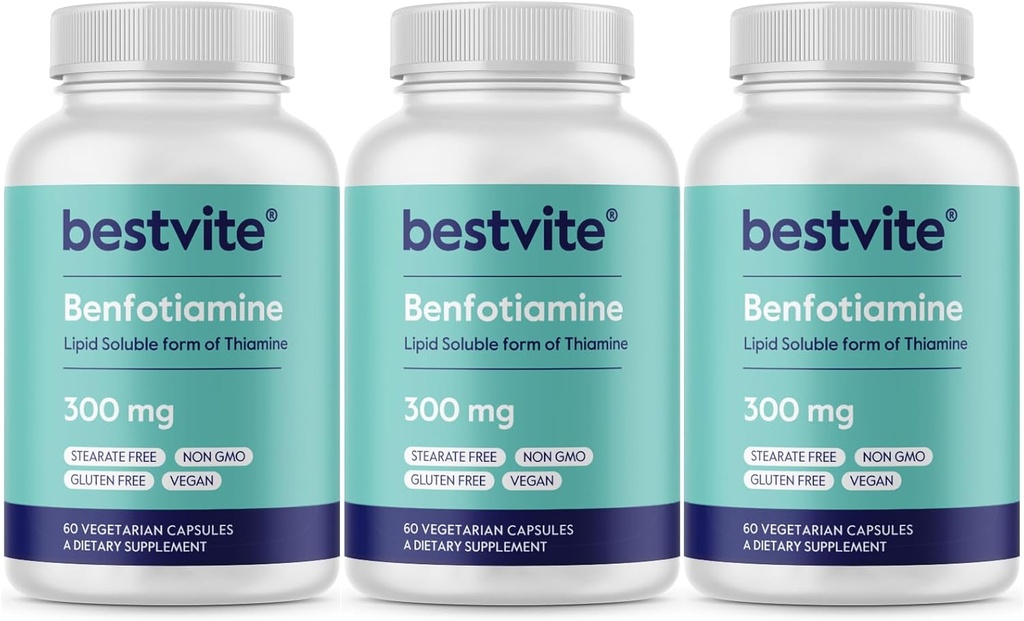Benfotiamine 300 מ"ג (180 קפסולות צמחוניות) (60x3) No Stearates - No Silicon Dioxide - טבעוני - Non GMO - Gluten Freeten