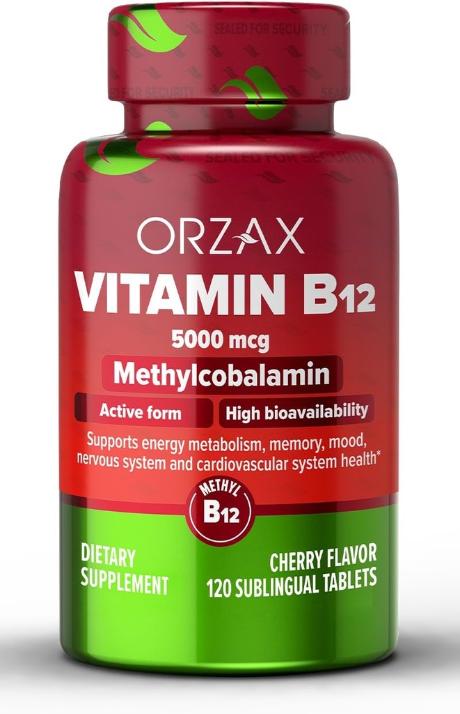 ORZAX ויטמין B12 5000 mcg Methylcylobalamin for Memory, Mood, Blood Cell Function, Cardiovascular and Energy Supplement - Cherry Flavored - Vegan & Non-GMO - 120 טבליות תת-לשוניות - 120 יום אספקה אספקת דם, Cardiovascular and Energy Supplement - Cherry Flavored - טבעוניות ו- 120 טבליות