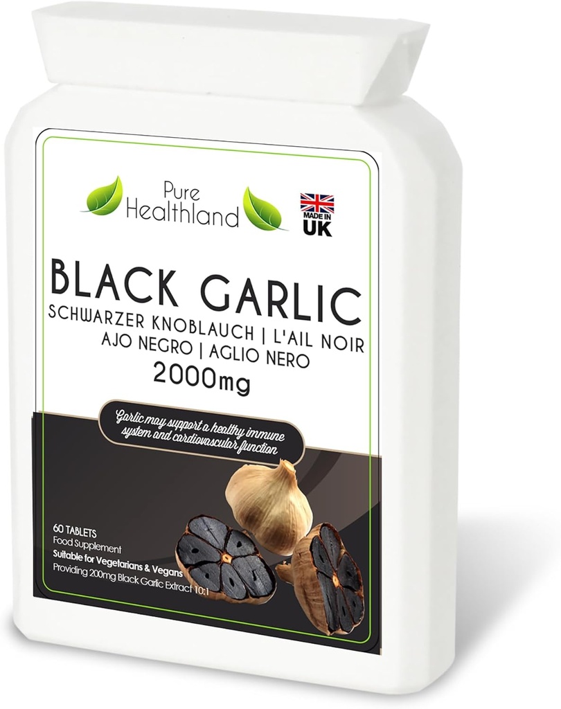 תוסף Black Garlic ללא גלוטן - High Potency Concented from Fresh Garlic Bulbs - ספא טבעוני וצמחוני - מיוצר בבריטניה (1בק)