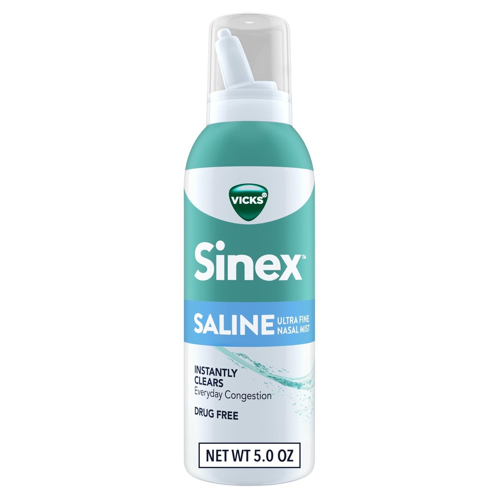 ויקיס Sinex Saline Nasal Spray, Drug Free Ultra Fine Mist, Clear Everyday Sinus Voyageestion Fast, Clear Mucus from a Cold or Allergy, Daily Use 5.0 oz