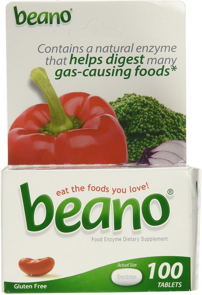 Beano תוספת כוח מניעת גז גלולות תמיכה עיכול, עוזר למנוע Bloating ו discomfort, 100 טבליות