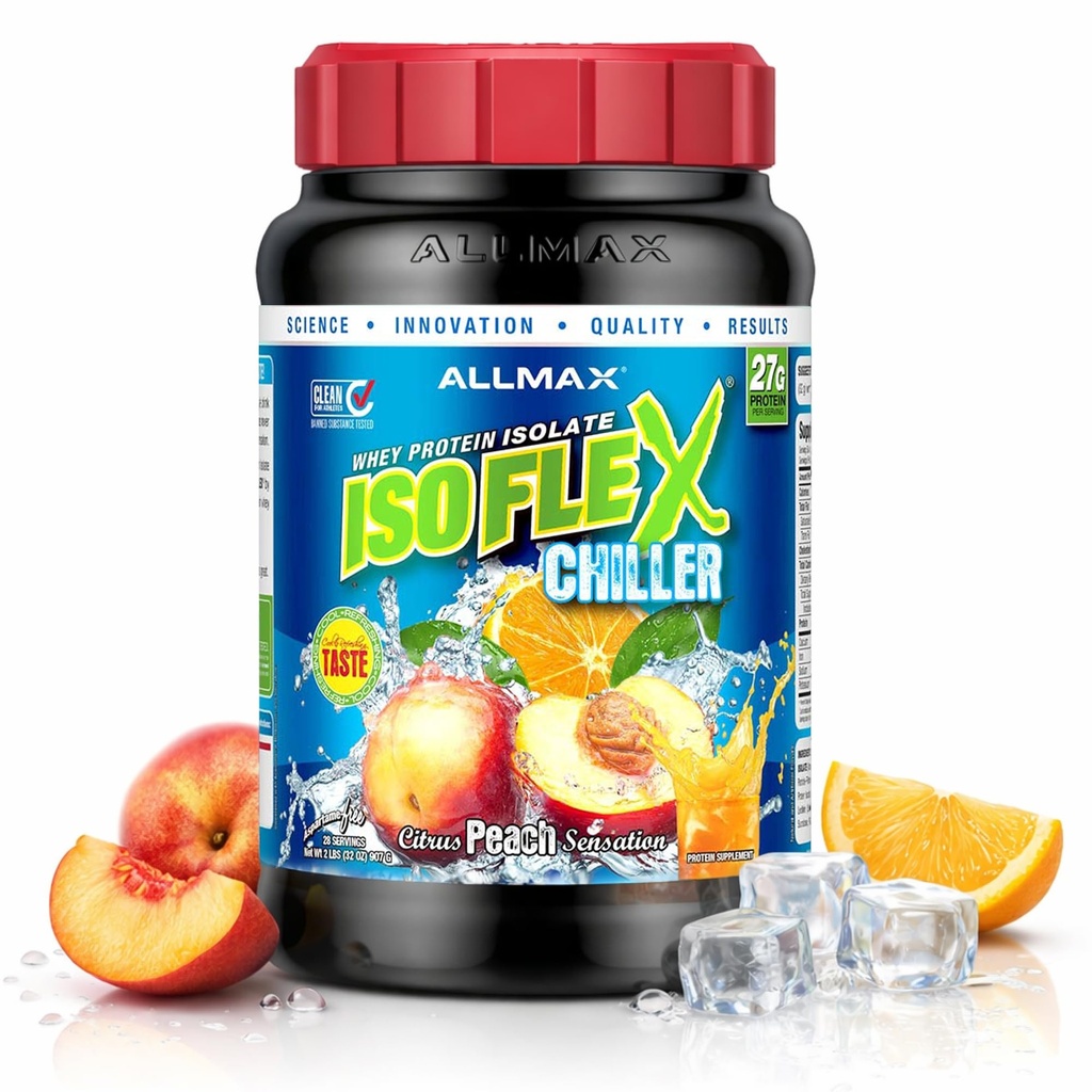 AllMAX Nutrition ISOFLEX Chiller, Citrus Peach Sensation - 2 lb - 27 גרמים של חלבון Per Scoop - Zero & Sugar - 99% Lactose חינם - Approximate 28 משרתים