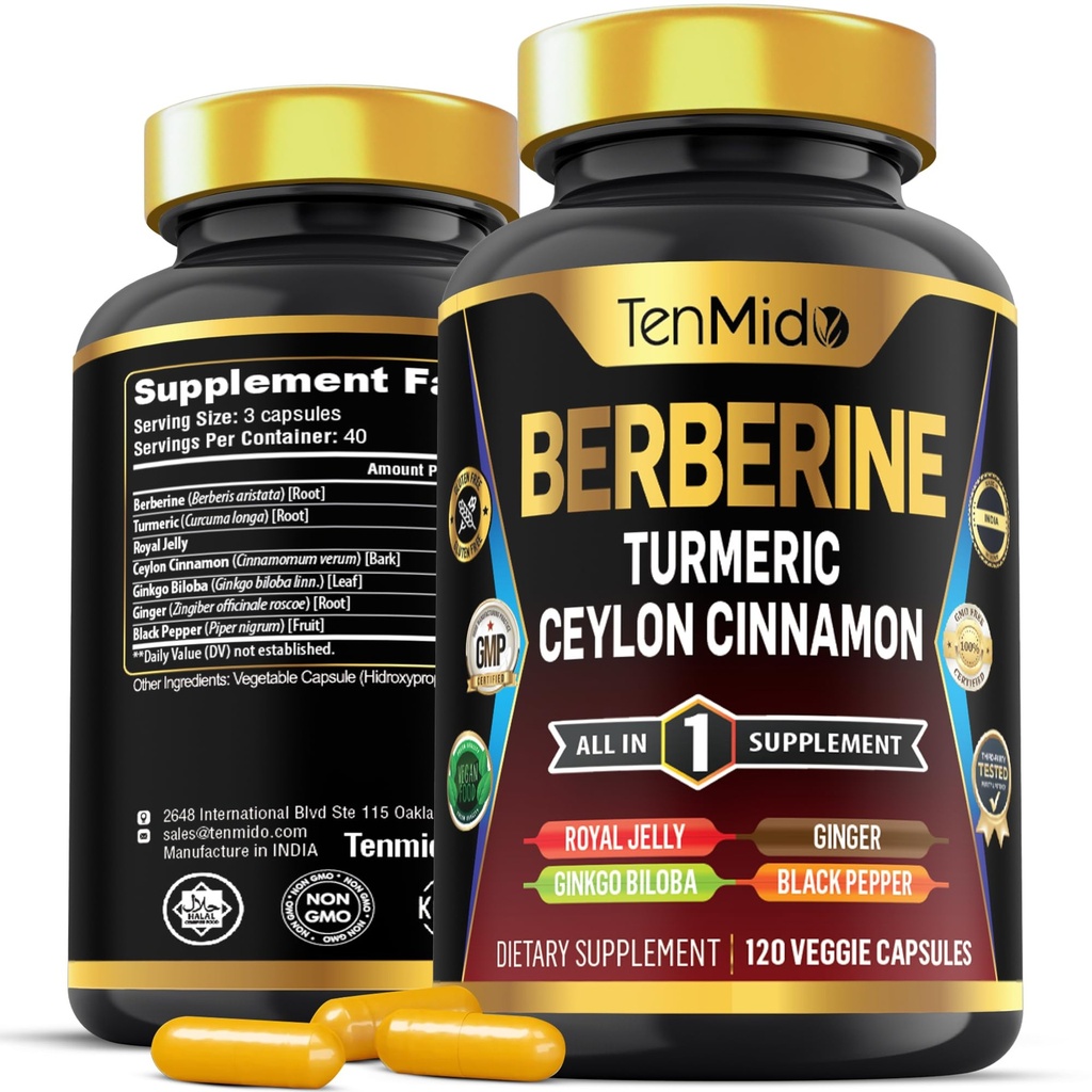 תוספת ברברין - 7in1 פורמולה - בשילוב עם Turmeric, רויאל ג'ולי, Ceylon Cinnamon, גינקו בילובה, ג'ינג'ר & Black Pepper - בריאות מזיקה, תמיכה במזל - 120 קפסולות