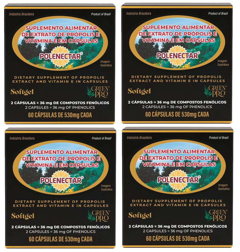 4 Boxes of Polenectar ברזיל Green Bee Propolis 300 מיליגרם (60 Softgels)