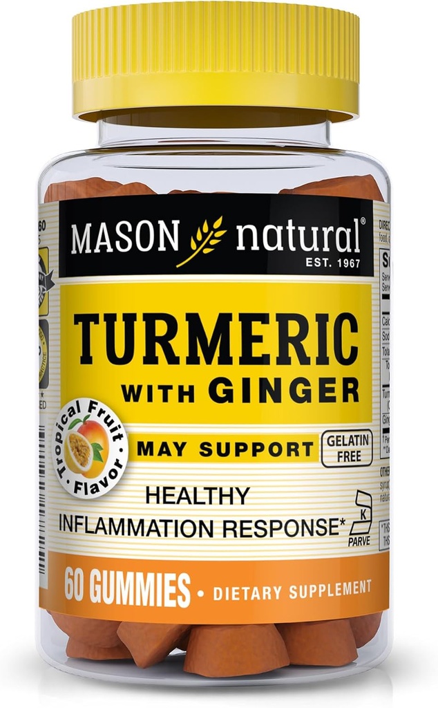 MASON NATURAL Turmeric עם ג'ינג'ר חניכיים, תמיכה טבעית משותפת ואנטיoxidant פורמולה, פירות טרופיים פלאמור, 60 חניכיים