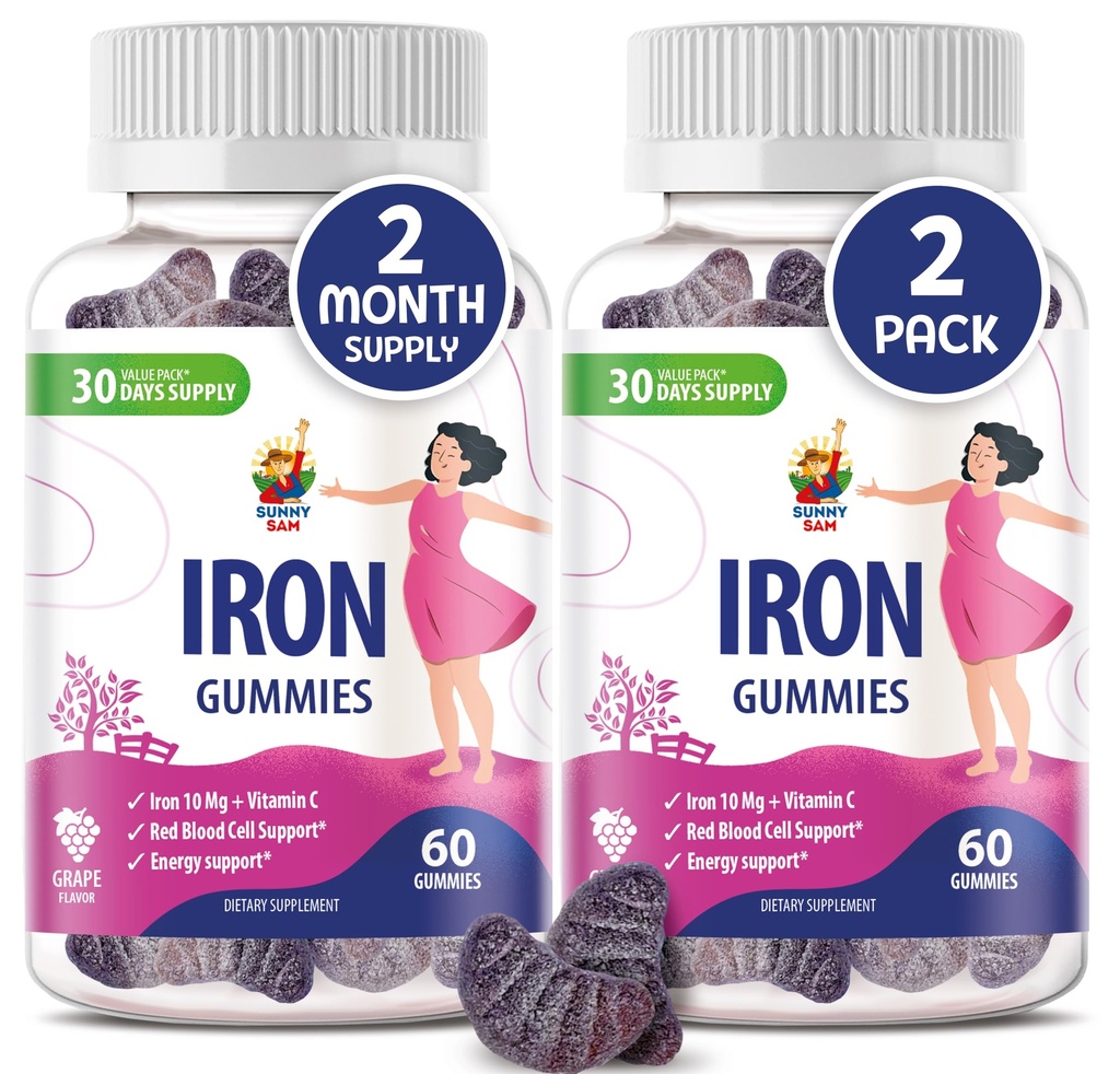 SunNY SAM Iron Gummies לילדים ומבוגרים - ויטמין ברזל עם ויטמין C, 10 מ"ג לשרת - Chewable פירות Gummy for Immune Support Red Blood Cell הפקה