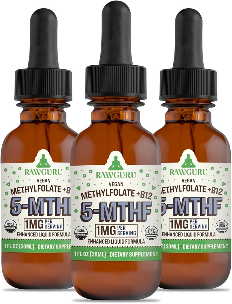 RawGuru Methylfolate 1 מ"ג + ויטמין B12 - אורגני Methylated B12 עם Trace מינרלים - Nano-Processed & Enhanced נוזל פורמולה - 300 משרתים של טיפות טבעוניות ל -30 מ"ל, Pack של 3 3