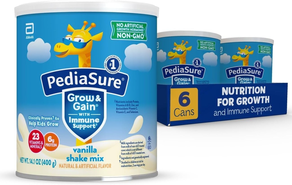 PediaSure Grow & Get with Immune Support Shake Mix, 23 ויטמינים ומינרלים, 6g חלבון, non-GMO, Gluten-Free, Kids Nutrition, Vanilla, 14.1 oz Can, Pack של 6-48 מנות