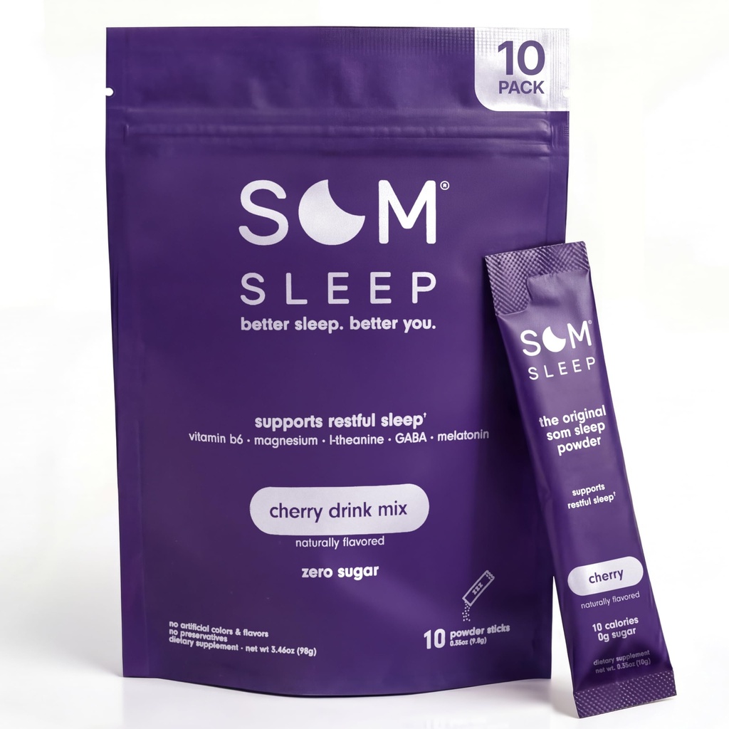 Som Sleep, Restful Sleep אבקת לשתות מיקס / מלטונין, מגנזיום, ויטמין B6, L-theanine & GABA - טבעוני, Zero Sugar, Keto Friendly - Cherry, 10Pack