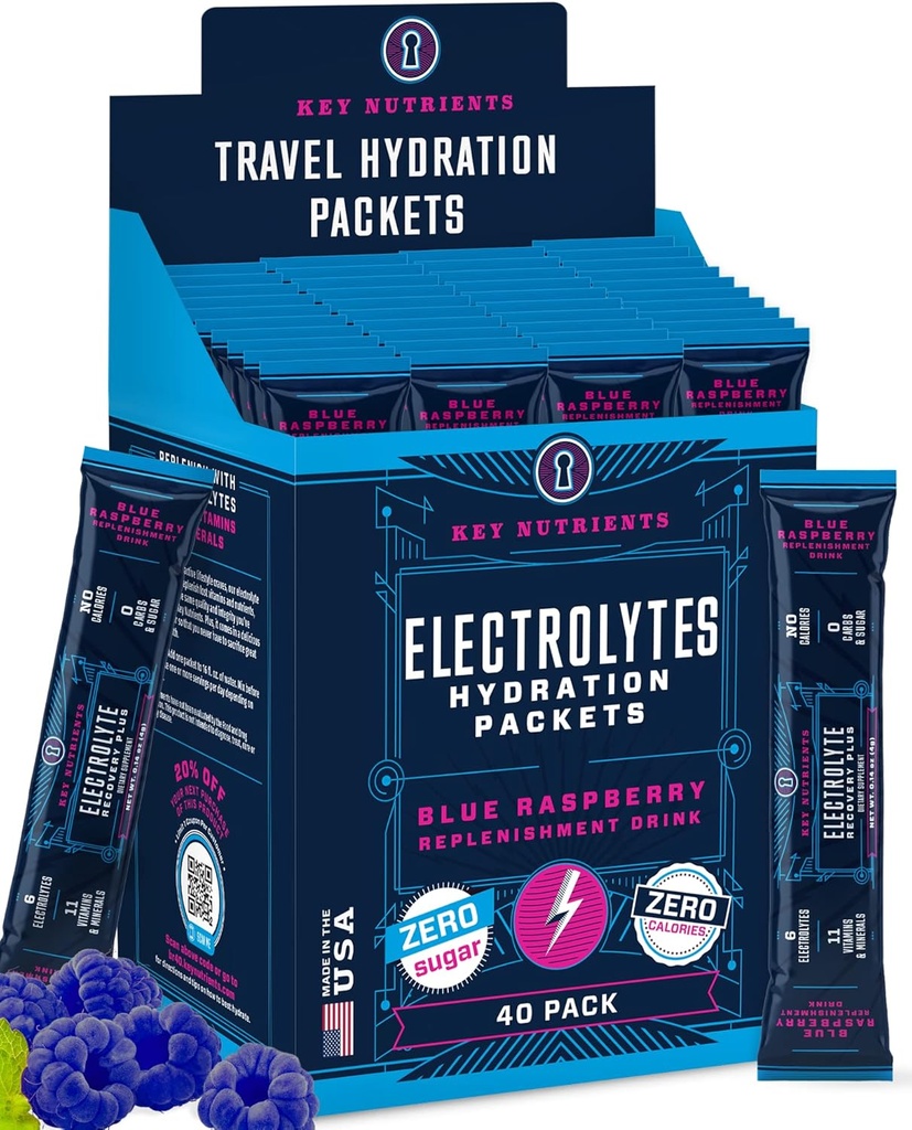 KEY NUTRIENTS אבקת Packets - Delicious Blue Raspberry 40 Pack hydrotion Pack Packets - Travel hydrotionאבק - No Sugar, No Calories, Gluten Free - Made in USA
