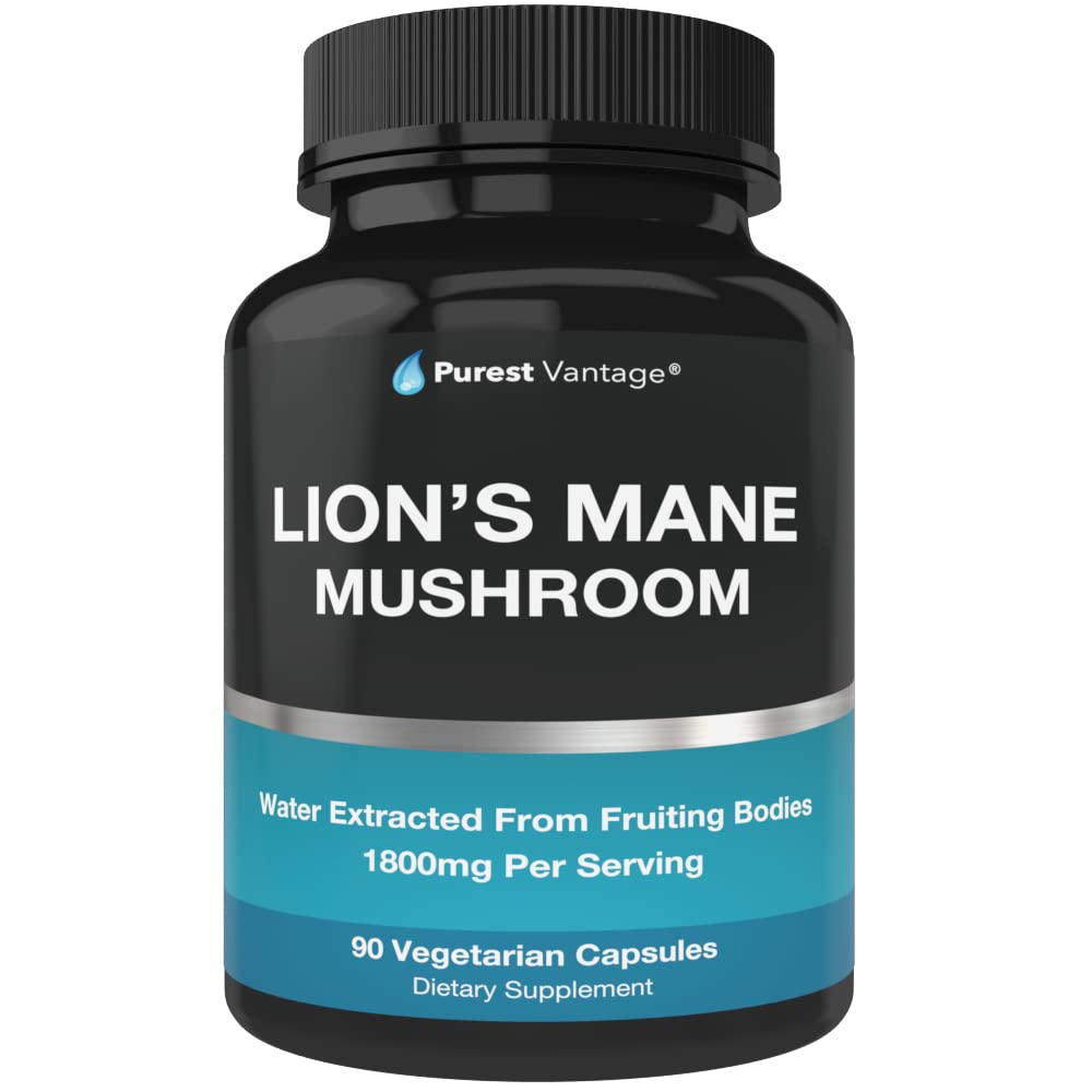 אריות אורגניות Mane Mushroom קפסולות - 1800 מ"ג של אריה Mushroom Grown בארה"ב - Nootropic Brain Supplement ו- Immune Support - Lions Mane Extract אבקת - 90 Veggie Caps