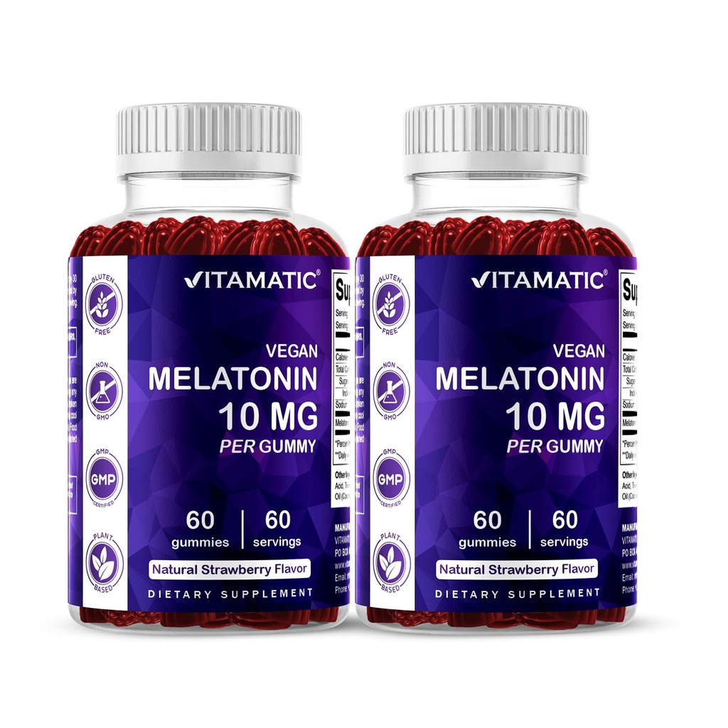 Vitamatic Melatonin 10 מ"ג Vegetarian Gummies - Non-Habit Forming - 60 חניכיים לבקבוק - 2Pack (כולל 120 חניכיים טבעוניות)