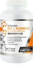 ויטמין D3 10,000 IU K2 / MK7 100 mcg. High Potency תוסף 8 חודשים אספקה. Non-GMO for Bone, Heart & Immune Support.