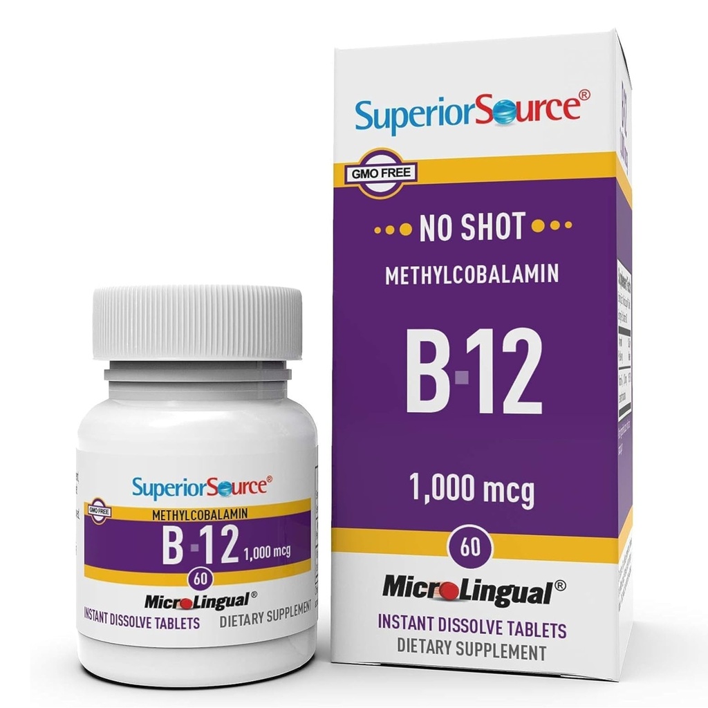 מקור עליון No Shot Methylcylobalamin B-12 1000 mcg - ויטמין B-12 כדי לתמוך בייצור אנרגיה, בריאות המוח והכל בריאות - טבליות sublingual עבור קיצור מהיר
