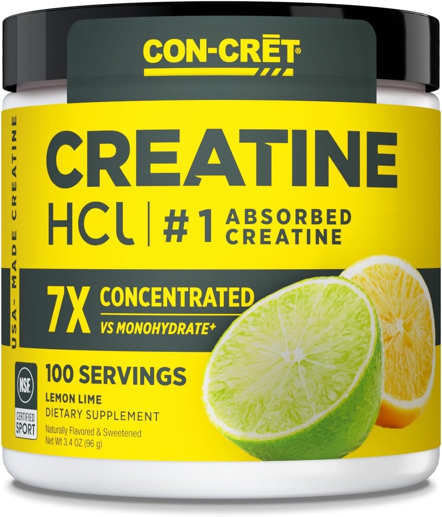 אבקת HCl של CON-CRET Creatine HCl; שריר, קוגניטיבי, אנרגיה סלולרית תמיכה | No Bloating or Cramps | USA Made & NSF Certified | Lemon Lime (100שרת)