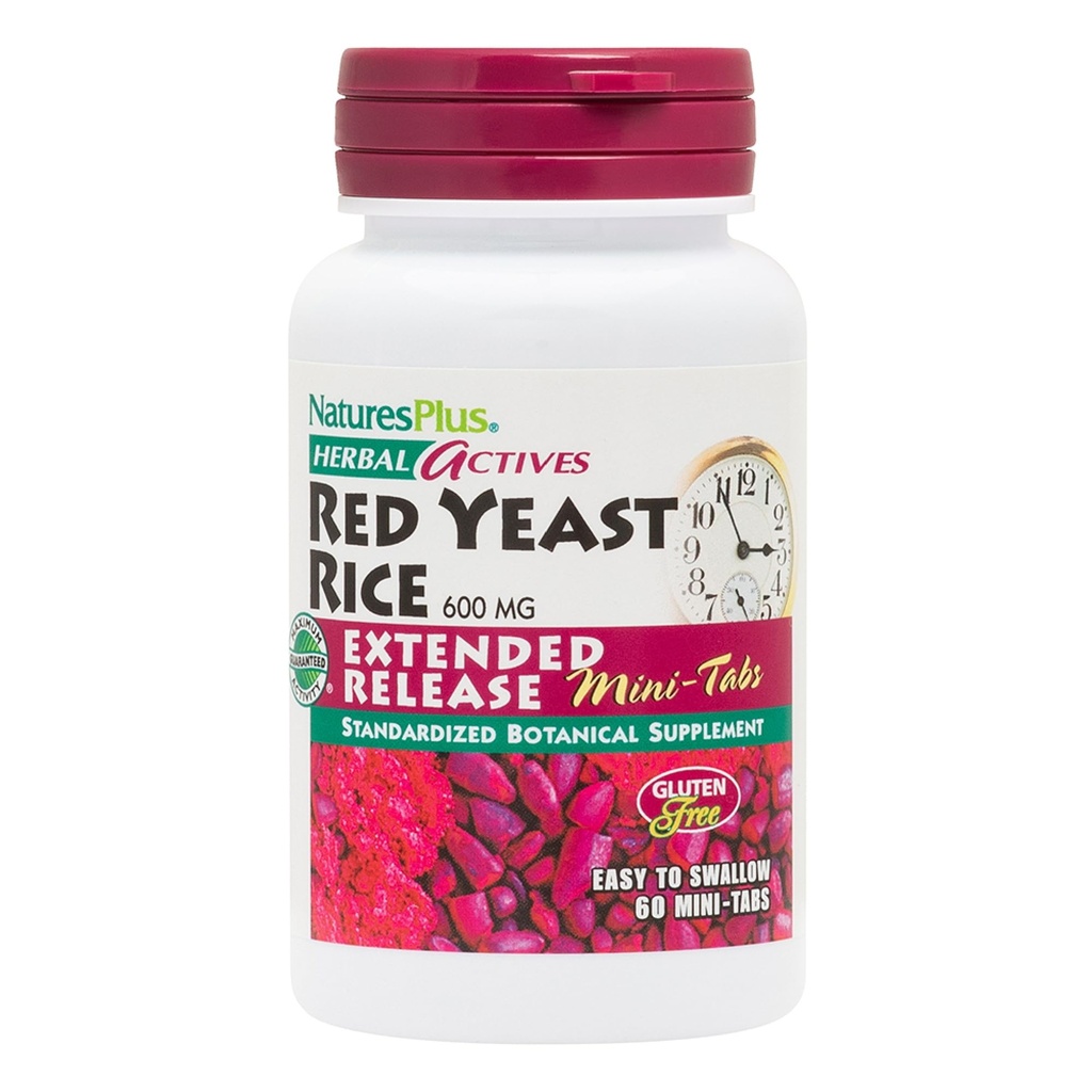 Natures Plus Herbal Actives Red Yeast Rice, מהדורה מורחבת - 600 מ"ג, 60 מיני טבליות - תוספי צמחי - טבעוני, צמחוני, Gluten-Free - 30 משרתים